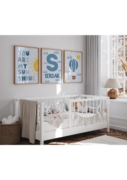 Çerçeveli Mavi Uçan Balon Temalı Erkek Çocuk Odası 3lü Ahşap Tablo Set Baby Shower