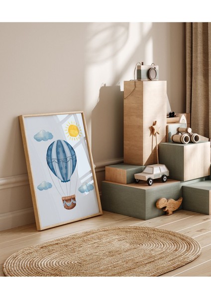 Çerçeveli Mavi Uçan Balon Temalı Erkek Çocuk Odası 3lü Ahşap Tablo Set Baby Shower