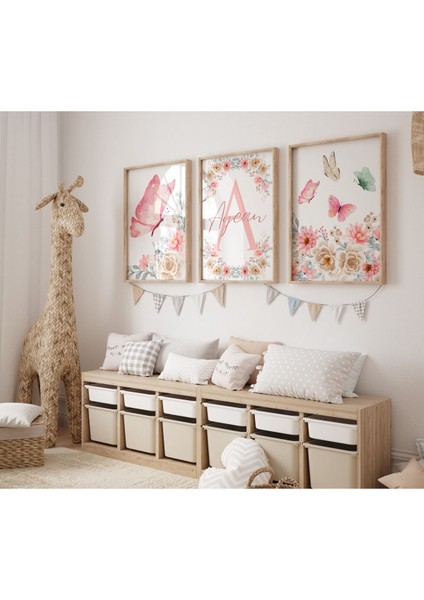 Çerçevesiz Isme Özel Düzenlenebilir Çiçek ve Kelebek Temalı Çocuk Odası Poster Set