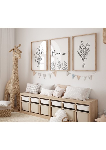 Minimalist Çiçek Temalı Kız Çocuk Odası Tablosu | Çerçeveli 3lü Set | Isme Özel