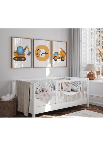 Çerçeveli Isme Özel Düzenlenebilir Iş Makineleri Temalı Ahşap Tablo Seti Baby Shower modelleri