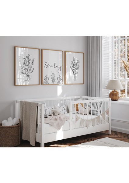 Minimalist Çiçek Temalı Kız Çocuk Odası Tablosu | Çerçeveli 3lü Set | Isme Özel