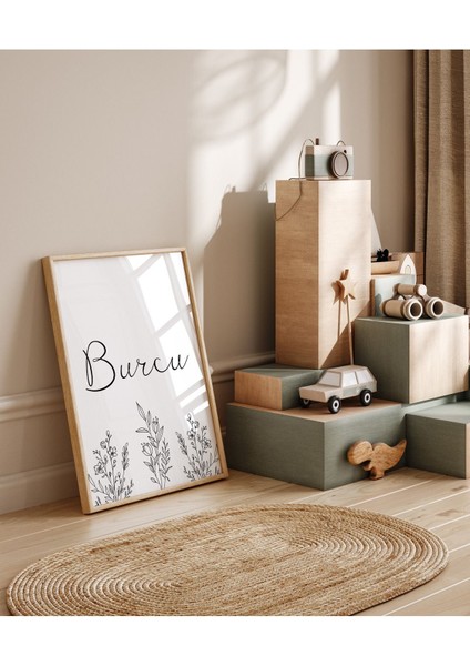Minimalist Çiçek Temalı Kız Çocuk Odası Tablosu | Çerçeveli 3lü Set | Isme Özel