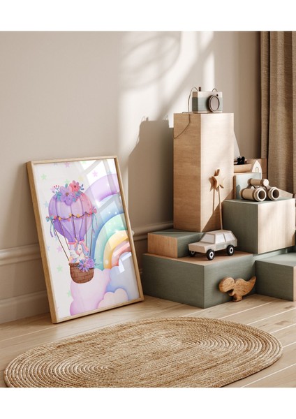 Çerçevesiz Gökkuşağı ve Unicorn Temalı I Isme Özel Düzenlenebilir Poster Seti Çocuk Odası