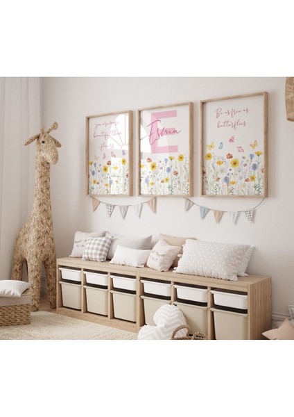 Çerçevesiz Çiçekler ve Kelebekler Isme Özel Düzenlenebilir Poster Seti Çocuk Bebek Odası (Poster)