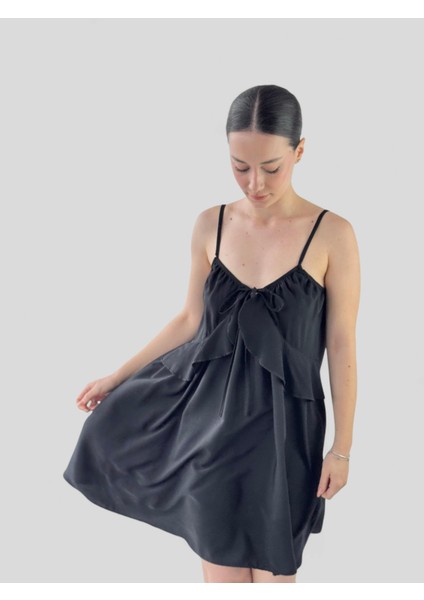 Tasarım Bağcıklı Askılı Bol Kesim Elbise Kadın Siyah