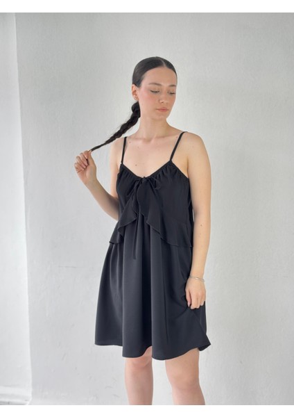 Tasarım Bağcıklı Askılı Bol Kesim Elbise Kadın Siyah modelleri