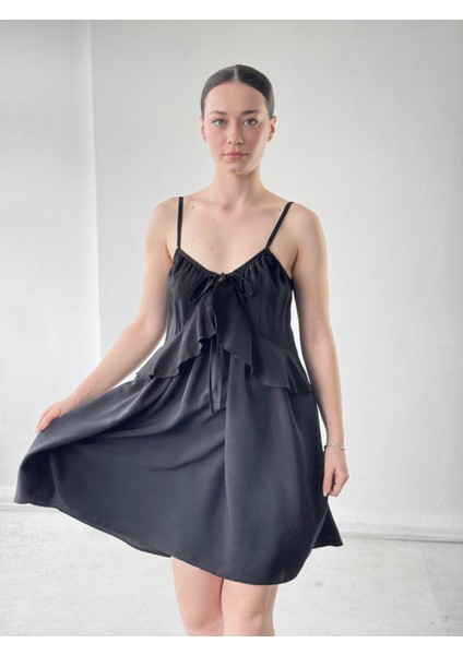 Tasarım Bağcıklı Askılı Bol Kesim Elbise Kadın Siyah indirimleri