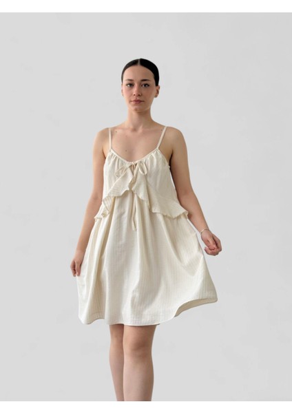 Tasarım Bağcıklı Askılı Bol Kesim Elbise Kadın Bej