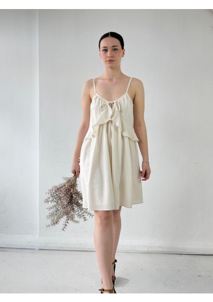 Tasarım Bağcıklı Askılı Bol Kesim Elbise Kadın Bej modelleri