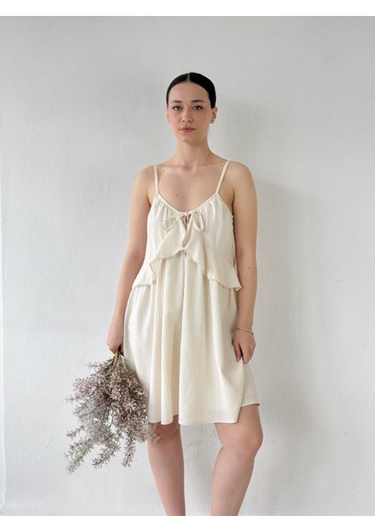 Tasarım Bağcıklı Askılı Bol Kesim Elbise Kadın Bej fırsatları