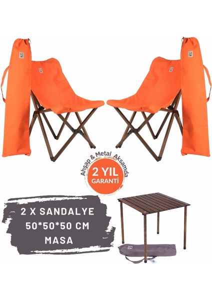 Ahşap Katlanır Masa Sandalye Seti Antrasit Iskelet Turuncu Kılıf -50x50x50 Antrasit Masa