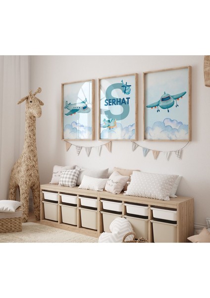 Çerçeveli Uçak Temalı Erkek Çocuk Odası Ahşap Tablo 3lü Set Isme Özel Düzenlenebilir
