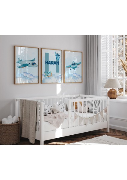 Çerçeveli Uçak Temalı Erkek Çocuk Odası Ahşap Tablo 3lü Set Isme Özel Düzenlenebilir