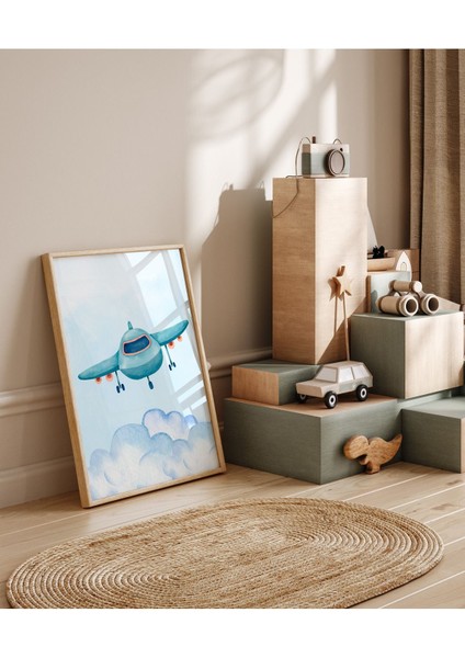 Çerçeveli Uçak Temalı Erkek Çocuk Odası Ahşap Tablo 3lü Set Isme Özel Düzenlenebilir