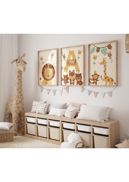 Çerçeveli Hayvanlar Alemi Temalı Erkek Çocuk Odası 3lü Ahşap Tablo Seti Baby Shower