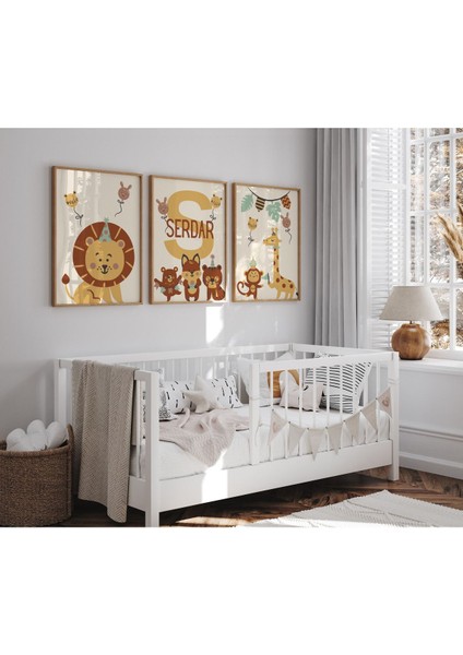 Çerçeveli Hayvanlar Alemi Temalı Erkek Çocuk Odası 3lü Ahşap Tablo Seti Baby Shower modelleri