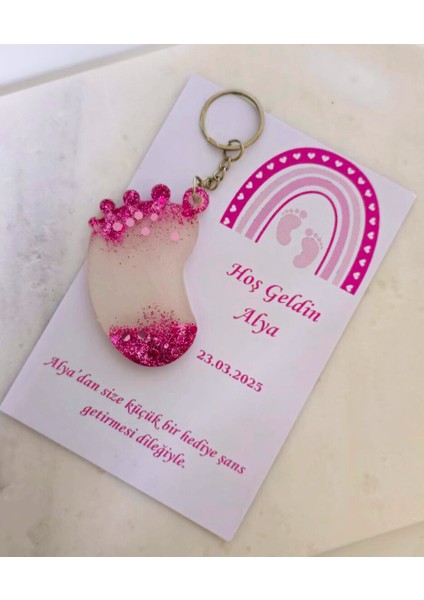 Pembe Bebek Ayağı Epoksi Anahtarlık Kartlı Hediyelik 20 Adet Yenidoğan Mevlit Konsept Hediyelik