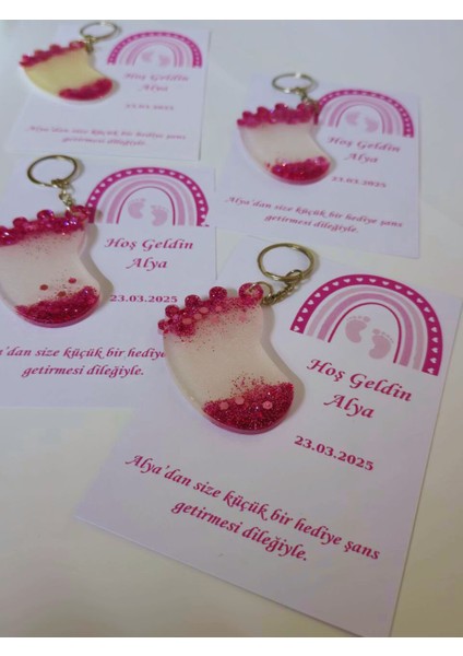 Pembe Bebek Ayağı Epoksi Anahtarlık Kartlı Hediyelik 20 Adet Yenidoğan Mevlit Konsept Hediyelik