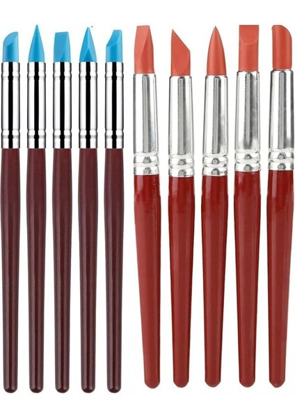 Silikon Uçlu Fırça Modelaj 10 Lu 1 Paket Kauçuk Polimer Kil Çömlek Seramik Şekillendirici Kalem Rötuş Kalem Seti