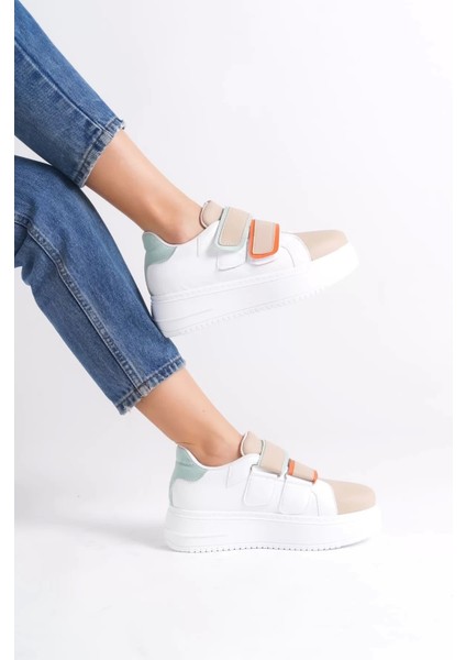 Valencıa Bağcıksız Cırt Cırtlı Ortopedik Taban Kadın Sneaker Spor Ayakkabı Bt - Beyaz/ten/mavi modelleri