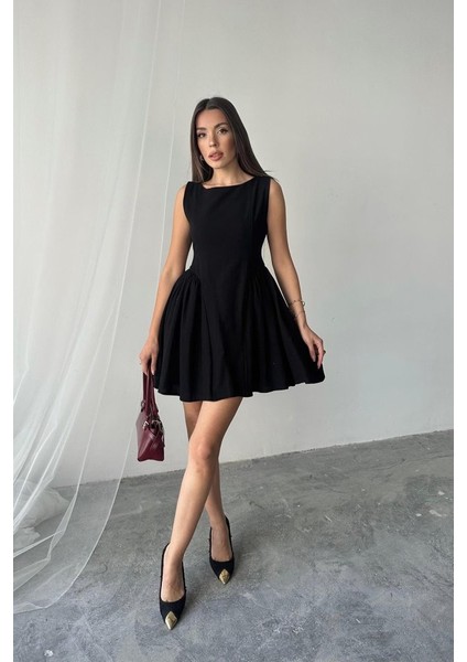 Siyah Mini Boy Büzgülü Keten Elbise Akdenizpos Yeni