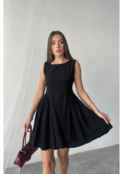 Siyah Mini Boy Büzgülü Keten Elbise Akdenizpos Yeni