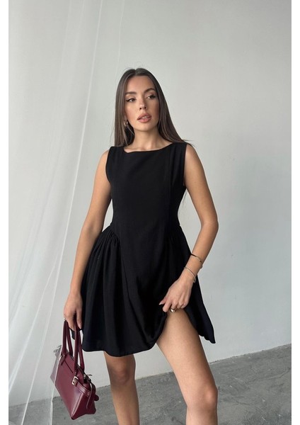 Siyah Mini Boy Büzgülü Keten Elbise Akdenizpos Yeni