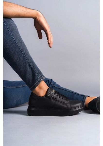 Slw155 Warrior Bağcıklı Ve Fermuarlı Cilt Erkek Günlük Sneaker Ayakkabı Cst - Siyah