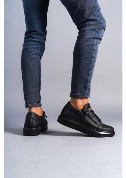 Slw155 Warrior Bağcıklı Ve Fermuarlı Cilt Erkek Günlük Sneaker Ayakkabı Cst - Siyah