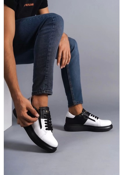 Slw155 Warrior Bağcıklı Ve Fermuarlı Cilt Erkek Günlük Sneaker Ayakkabı Cst - Siyah/Beyaz