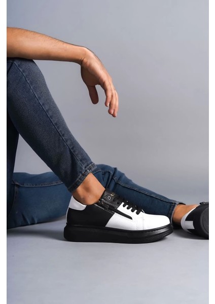 Slw155 Warrior Bağcıklı Ve Fermuarlı Cilt Erkek Günlük Sneaker Ayakkabı Cst - Siyah/Beyaz
