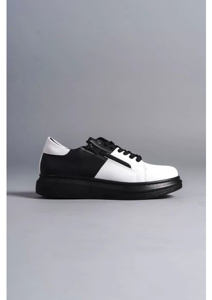 Slw155 Warrior Bağcıklı Ve Fermuarlı Cilt Erkek Günlük Sneaker Ayakkabı Cst - Siyah/Beyaz