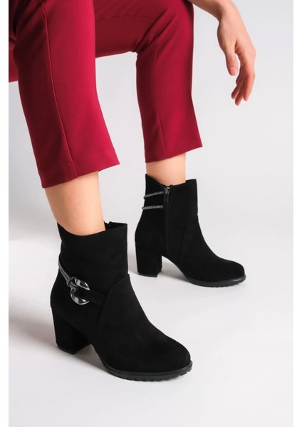 Edna Fermuarlı Ortopedik Taban Taşlı Topuklu Süet Kadın Bot St - Siyah