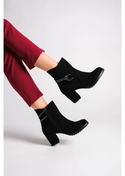 Edna Fermuarlı Ortopedik Taban Taşlı Topuklu Süet Kadın Bot St - Siyah modelleri