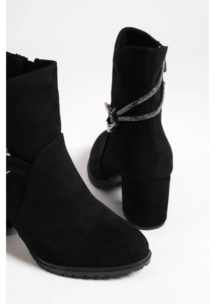 Edna Fermuarlı Ortopedik Taban Taşlı Topuklu Süet Kadın Bot St - Siyah indirimleri
