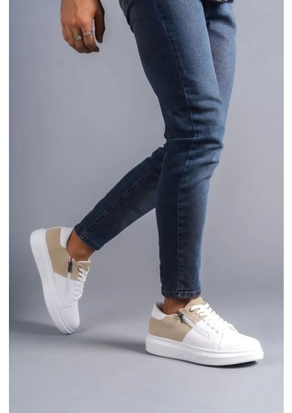Slw155 Warrior Bağcıklı Ve Fermuarlı Cilt Süet Erkek Günlük Sneaker Ayakkabı Csbt - Beyaz/Krem