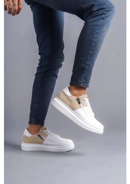 Slw155 Warrior Bağcıklı Ve Fermuarlı Cilt Süet Erkek Günlük Sneaker Ayakkabı Csbt - Beyaz/Krem