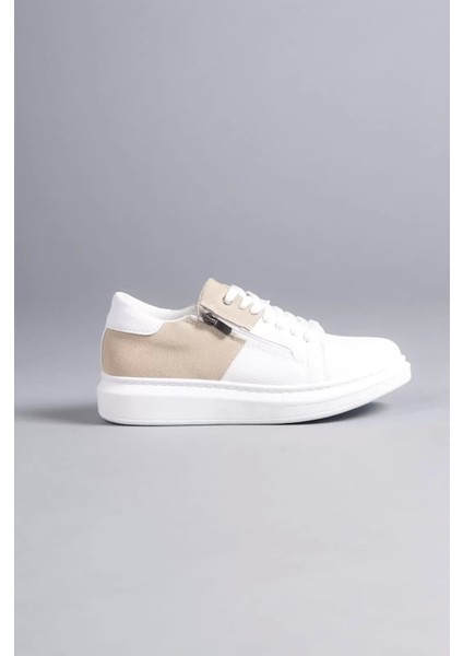 Slw155 Warrior Bağcıklı Ve Fermuarlı Cilt Süet Erkek Günlük Sneaker Ayakkabı Csbt - Beyaz/Krem