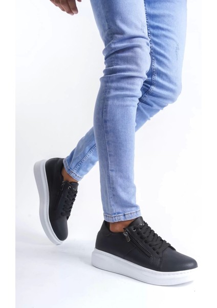 SLW155 Warrior Bağcıklı ve Fermuarlı Cilt Erkek Günlük Sneaker Ayakkabı Cbt - Siyah