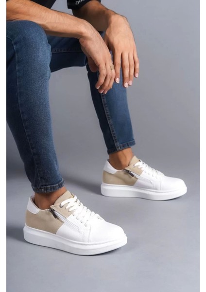 Slw155 Warrior Bağcıklı Ve Fermuarlı Cilt Süet Erkek Günlük Sneaker Ayakkabı Csbt - Beyaz/Krem