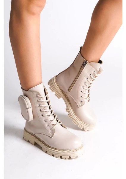 Gına Bağcıklı Fermuarlı Ortopedik Taban Çantalı Kadın Bot Kt - Krem