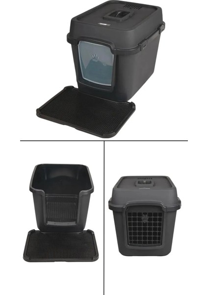3 Fonksiyonlu Ultra Lüx Kapalı Kedi Tuvaleti ve Kedi , Köpek Taşıma Çantası 67 x 52 x 51 cm Antrasit