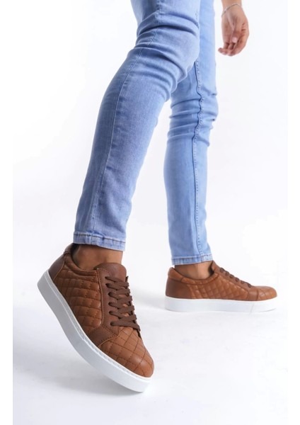 Slw166 Prestige Bağcıklı Cilt Kapitone Desenli Erkek Günlük Sneaker Ayakkabı Cbt - Taba