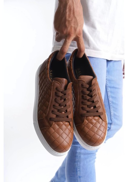 Slw166 Prestige Bağcıklı Cilt Kapitone Desenli Erkek Günlük Sneaker Ayakkabı Cbt - Taba
