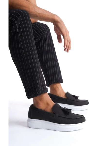 Slw154 Blaze Bağcıksız Püsküllü Keten Erkek Günlük Spor Klasik Ayakkabı Kbt - Siyah