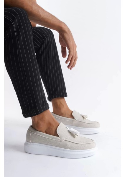 Slw154 Blaze Bağcıksız Püsküllü Keten Erkek Günlük Spor Klasik Ayakkabı Kbt - Beyaz