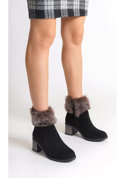 Julıa Fermuarlı Ortopedik Taban Tüylü Topuklu Süet Kadın Bot St - Siyah