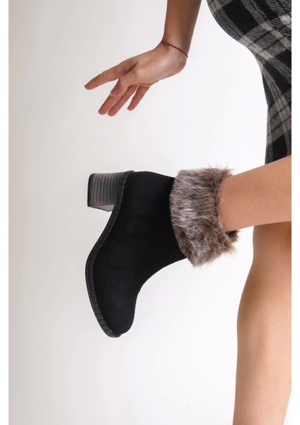 Julıa Fermuarlı Ortopedik Taban Tüylü Topuklu Süet Kadın Bot St - Siyah modelleri
