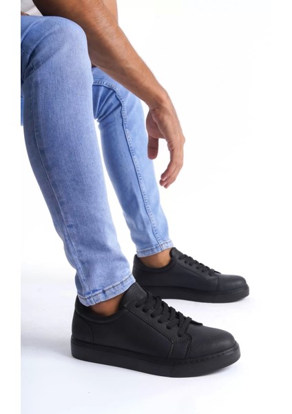 SLW165 Elite Bağcıklı Cilt Erkek Günlük Sneaker Ayakkabı Cst - Siyah